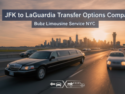 Stretch limousine driving on a highway toward the NYC skyline.