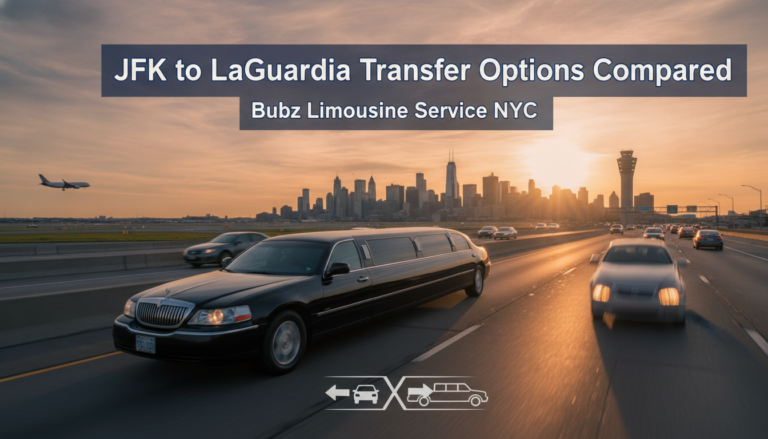 Stretch limousine driving on a highway toward the NYC skyline.