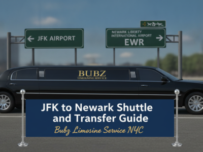 Black limousine parked in front of airport transfer highway signs.