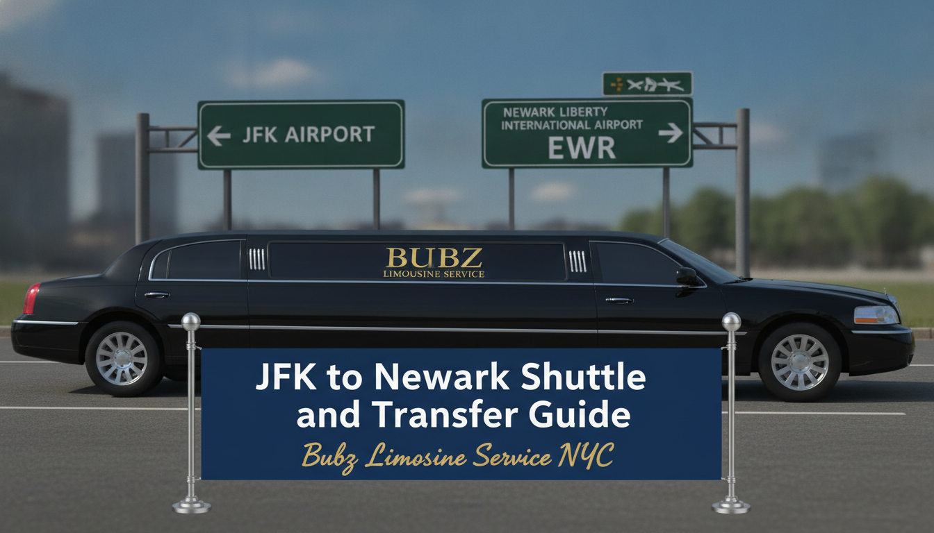 Black limousine parked in front of airport transfer highway signs.