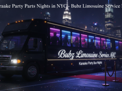A black party bus with neon lights in NYC.