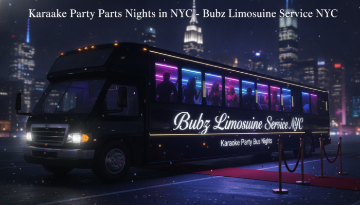 A black party bus with neon lights in NYC.