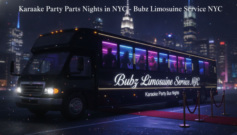 A black party bus with neon lights in NYC.