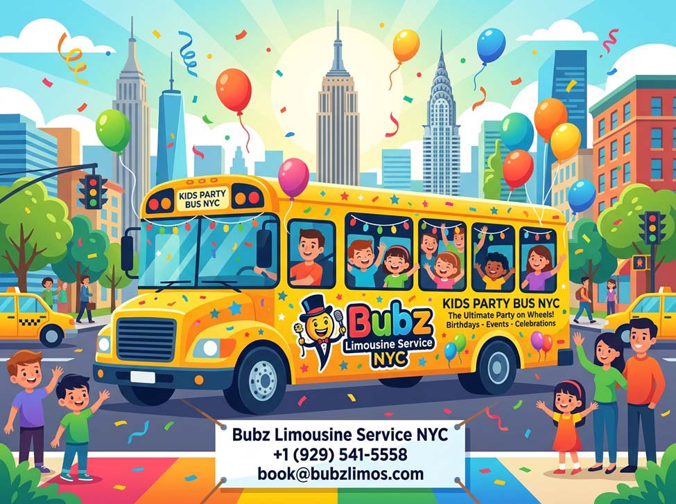 Bubz Limousine Service yellow kids party bus in New York City.
