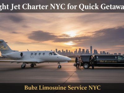 Light jet and limo service on NYC tarmac at sunset