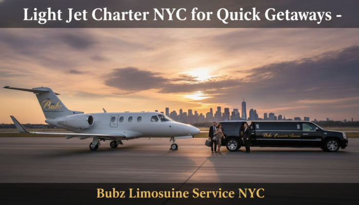Light jet and limo service on NYC tarmac at sunset