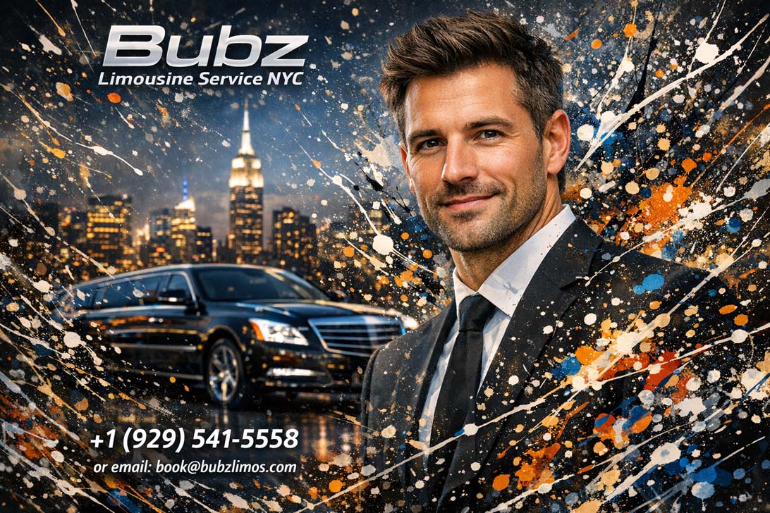 Bubz Limousine Service NYC advertisement featuring professional chauffeur and car.