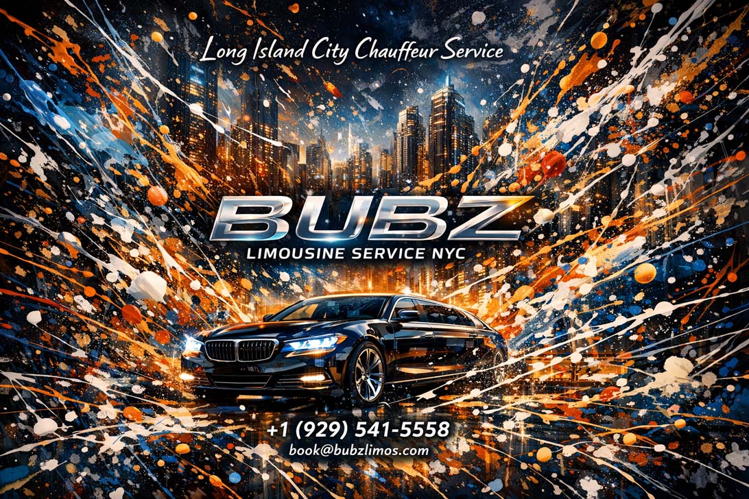 Advertisement for Bubz Limousine Service NYC with luxury sedan.