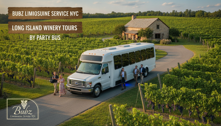 Bubz Limousine party bus at a Long Island winery tour.