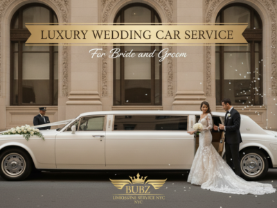 Bride and groom standing next to luxury white wedding limousine.