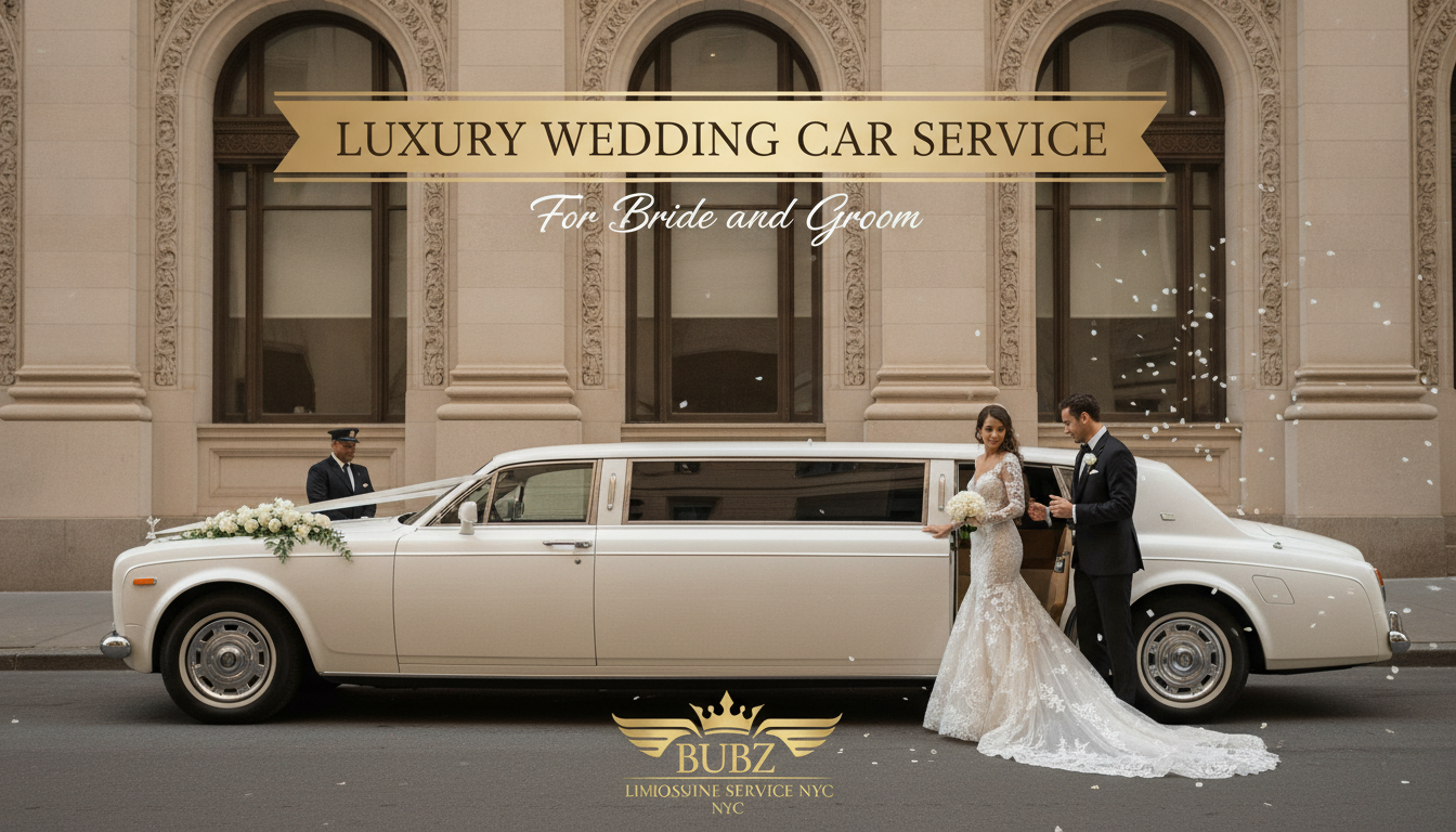 Bride and groom standing next to luxury white wedding limousine.