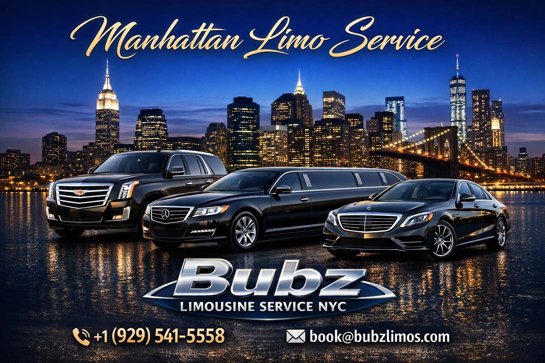 Bubz Limousine Service NYC advertisement with luxury cars and skyline