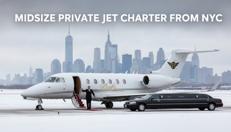 Midsize private jet charter with limousine service NYC skyline
