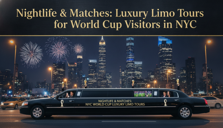 NYC World Cup luxury limo tour at night with fireworks.