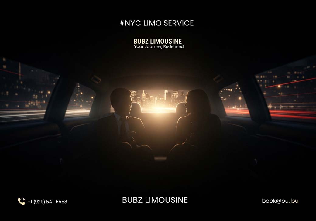 Bubz Limousine advertisement showing luxury car interior at night.