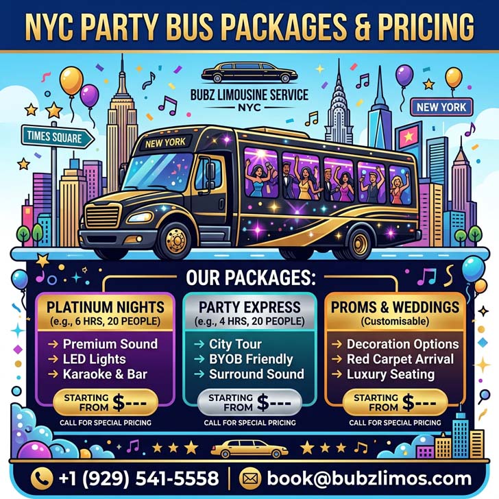 NYC party bus rental packages and pricing from Bubz Limousines.