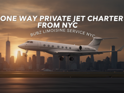 One way private jet charter from NYC skyline at sunset