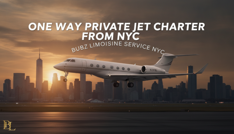 One way private jet charter from NYC skyline at sunset