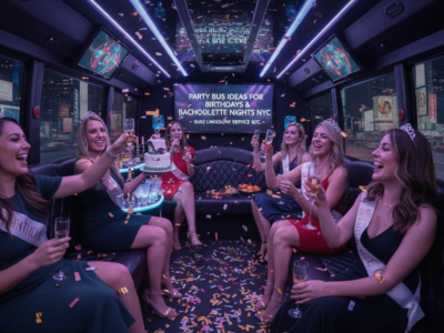 Women celebrating on a luxury party bus in NYC.