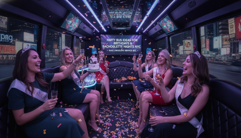 Women celebrating on a luxury party bus in NYC.