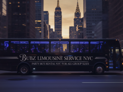 Bubz Limousine Service NYC party bus driving through Manhattan
