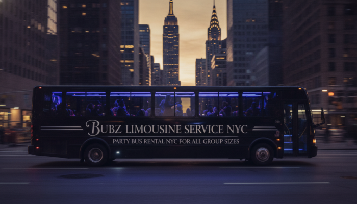 Bubz Limousine Service NYC party bus driving through Manhattan