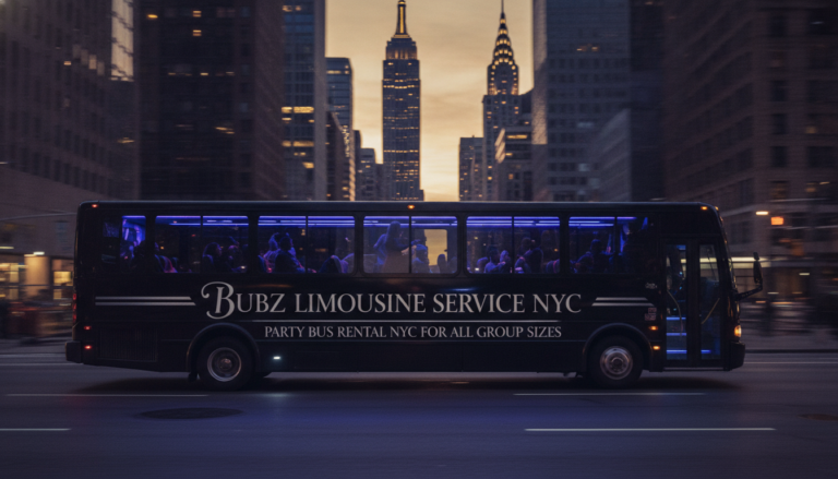 Bubz Limousine Service NYC party bus driving through Manhattan