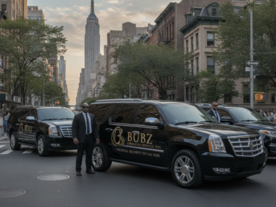 Bubz Limousine Service NYC black SUVs with security detail