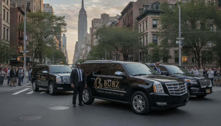 Bubz Limousine Service NYC black SUVs with security detail