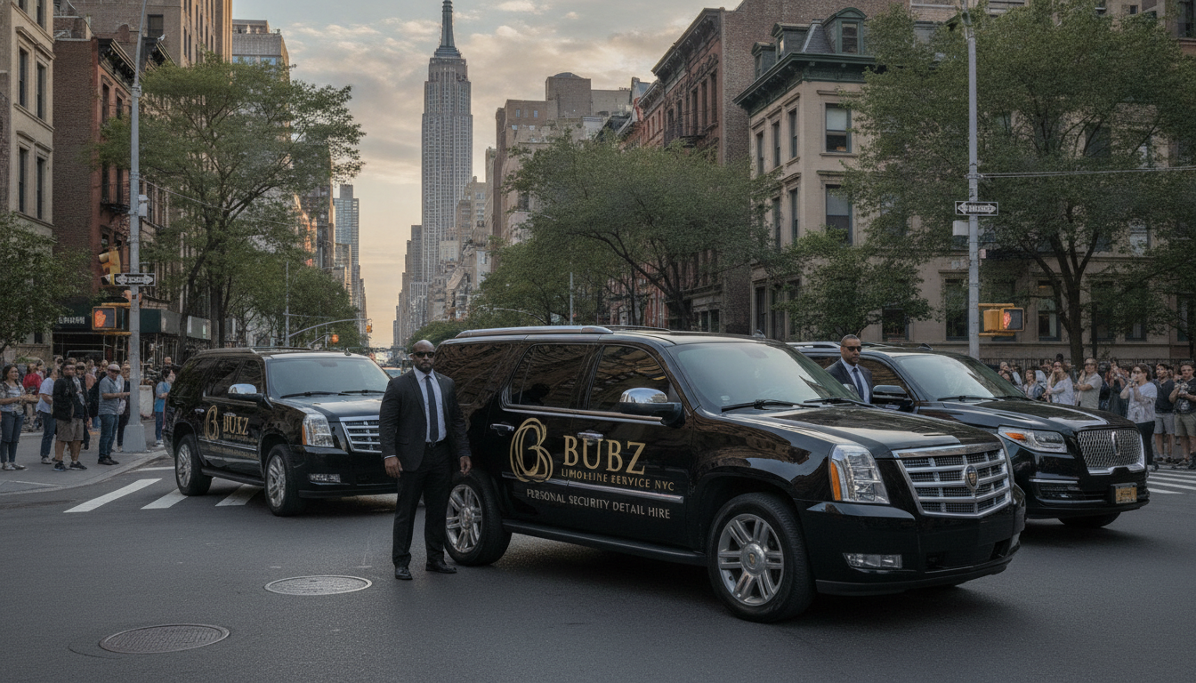 Bubz Limousine Service NYC black SUVs with security detail