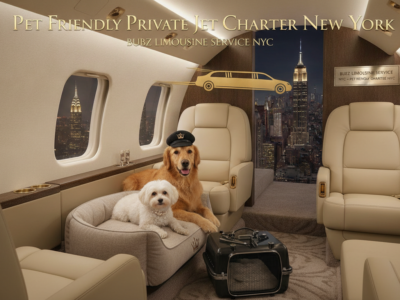 Two dogs relaxing in luxury private jet cabin over New York