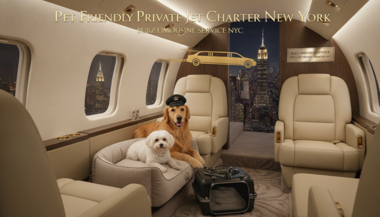 Two dogs relaxing in luxury private jet cabin over New York