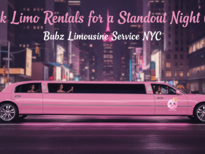Pink stretch limousine driving through New York City at night.