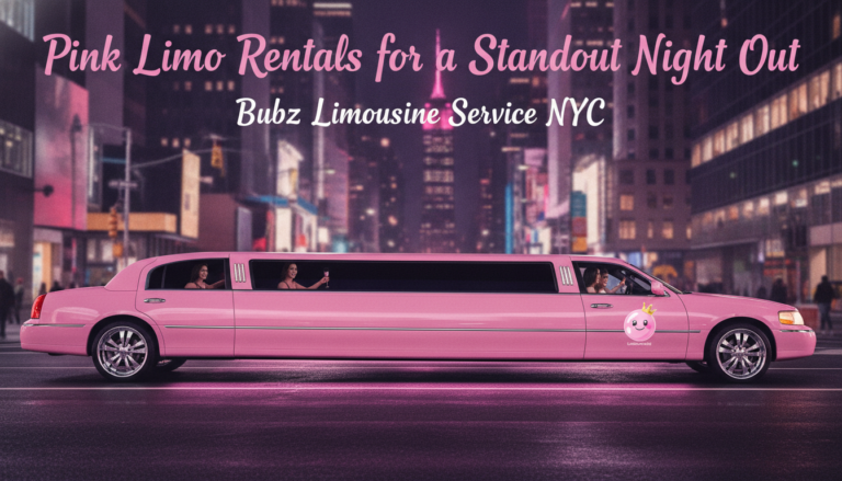 Pink stretch limousine driving through New York City at night.