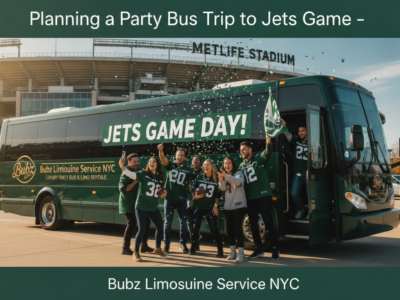 Jets fans cheering by a party bus at MetLife Stadium.