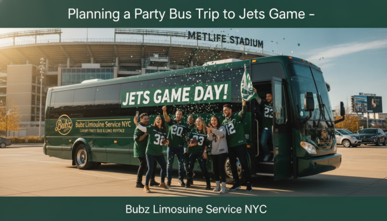 Jets fans cheering by a party bus at MetLife Stadium.