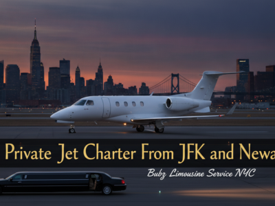 Private jet and limousine with NYC skyline at sunset