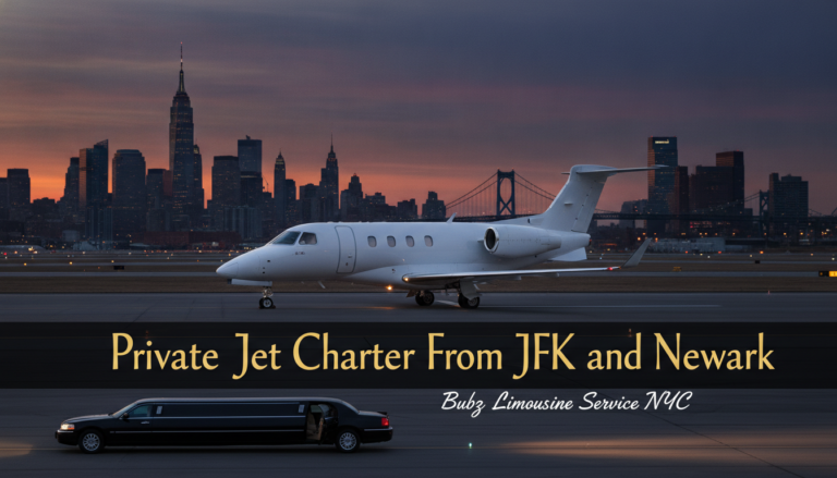 Private jet and limousine with NYC skyline at sunset