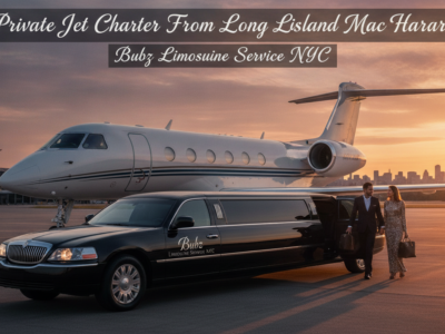 Luxury limousine and private jet at Long Island airport