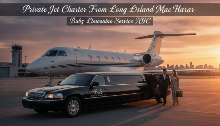 Luxury limousine and private jet at Long Island airport
