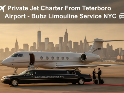 Private jet and limousine at Teterboro Airport NYC skyline