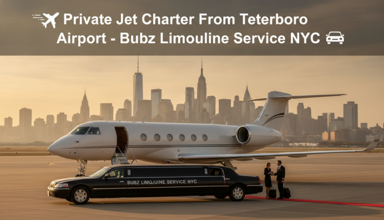 Private jet and limousine at Teterboro Airport NYC skyline