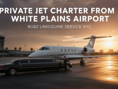Private jet and limousine at White Plains Airport sunset