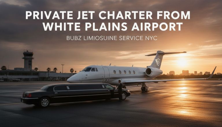 Private jet and limousine at White Plains Airport sunset