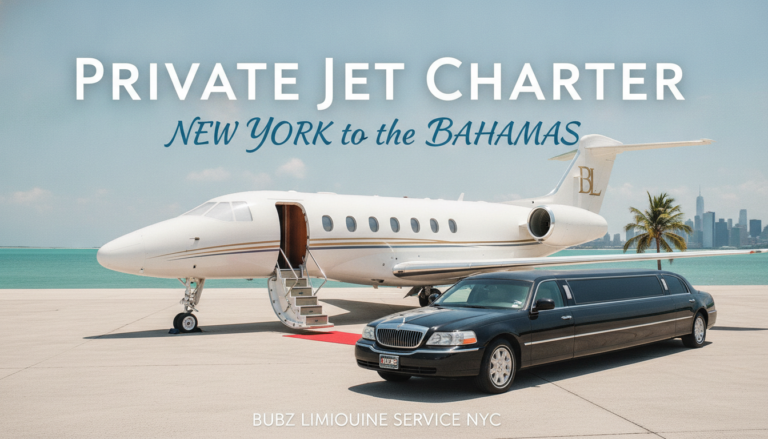 Private jet charter New York to Bahamas with luxury limousine