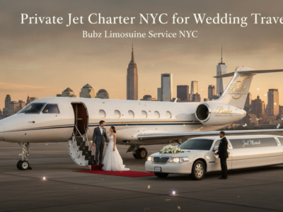 Wedding couple beside private jet and limo, NYC skyline