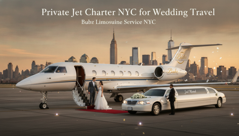 Wedding couple beside private jet and limo, NYC skyline