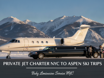 Private jet and limousine at snowy Aspen airport with mountains