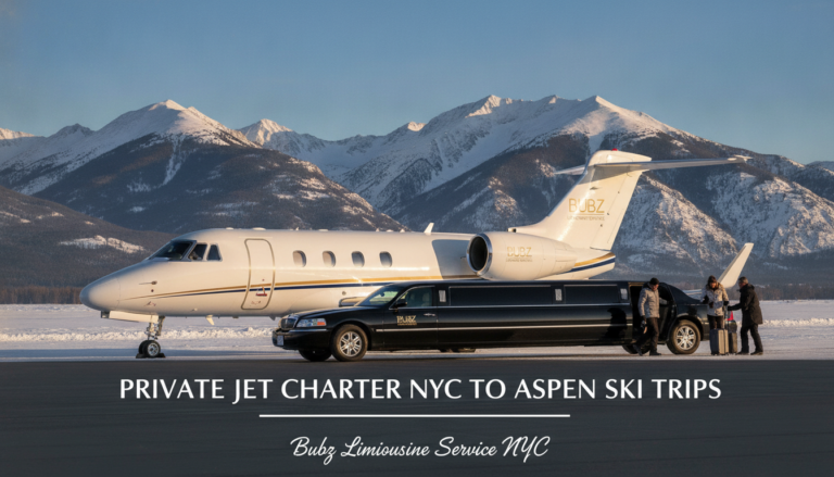 Private jet and limousine at snowy Aspen airport with mountains