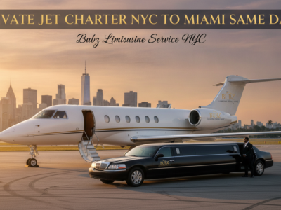Private jet and limousine on tarmac with NYC skyline